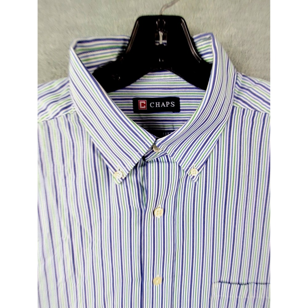 Chaps Mens Shirt Large Blue Green Stripe Button Down Slim Fit Long Sleeve Casual